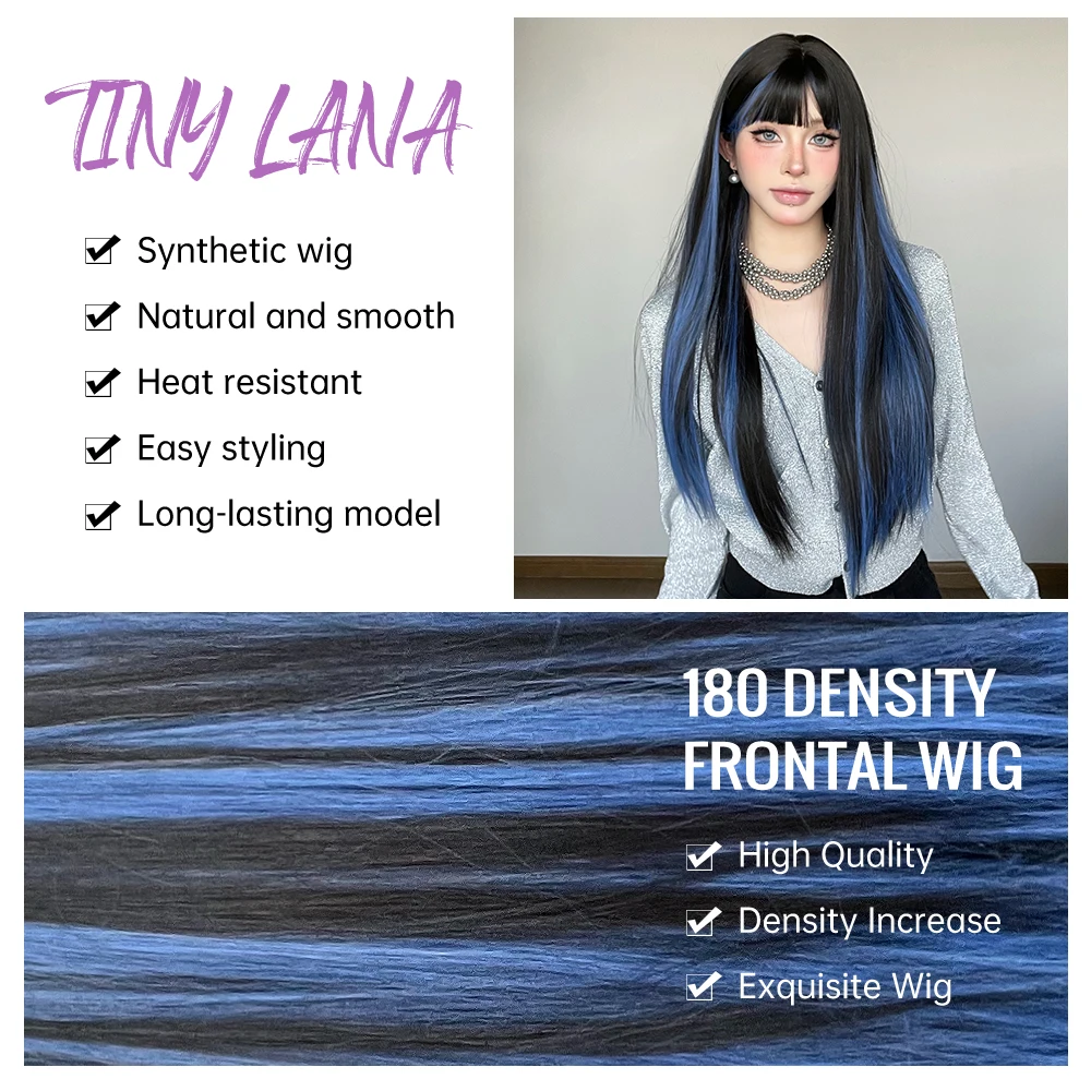 Long Straight Black Mixed Blue Synthetic Wigs with Bangs for Women Blue Black Colorful Cosplay Natural Hair Wigs Heat Resistant
