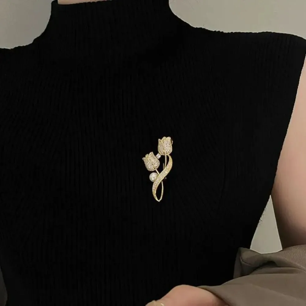 패션 골든 브로치 핀 튤립 꽃 모조 진주 옷깃 핀 라인 석 금속 핀 의류 가방 액세서리