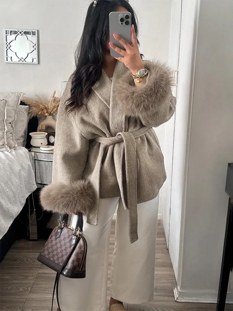 Trendix Loose Fox Fur Overcoat For Women Winter Elegant Double-sided Woolen Coats 2025 New Jackets Office Lace Up Short Cardigan