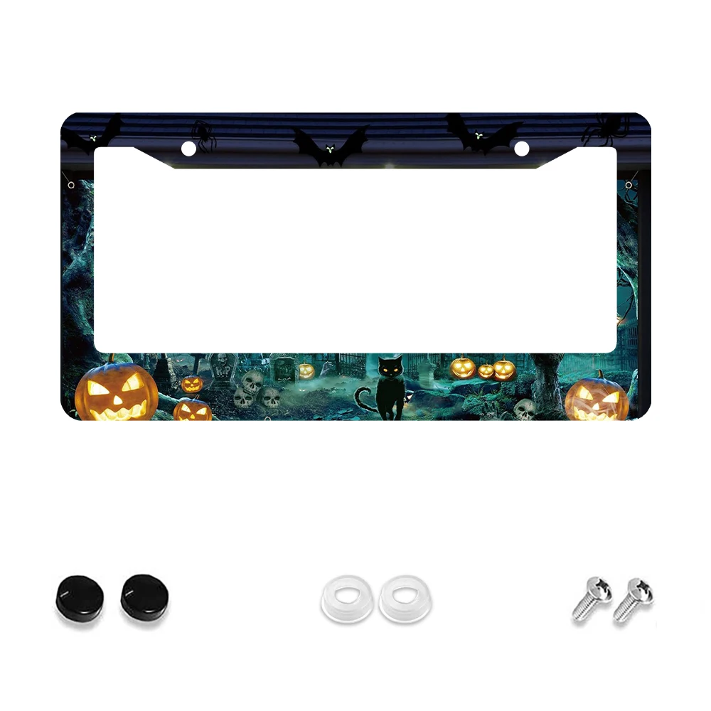 

1 шт., черная рамка номерного знака с 2 отверстиями на тему Хэллоуина и рисунком тыквы, черепа летучей мыши, алюминиевый материал, 6x12 дюймов, в комплект S