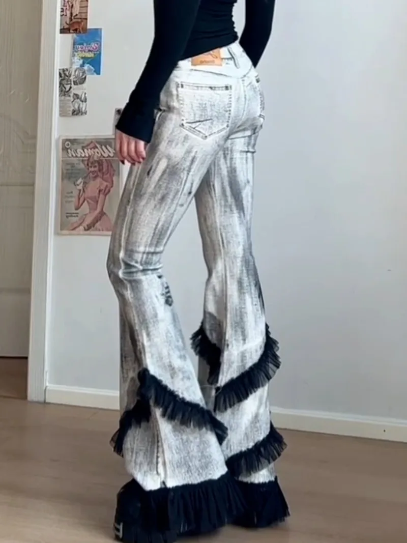 American Retro Plus Size Washed Lace Edge Micro Flared Jeans Street Style Spicy Girl Slim Fit Wide Leg Flared Pants Jeans