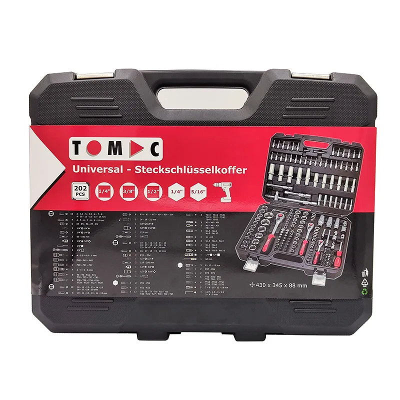 Tomac 202 قطعة 1/4 "3/8" 1/2 "رائجة البيع عكسها مقبض السقاطة و CRV وجع المقبس مجموعة أدوات إصلاح متعددة صندوق