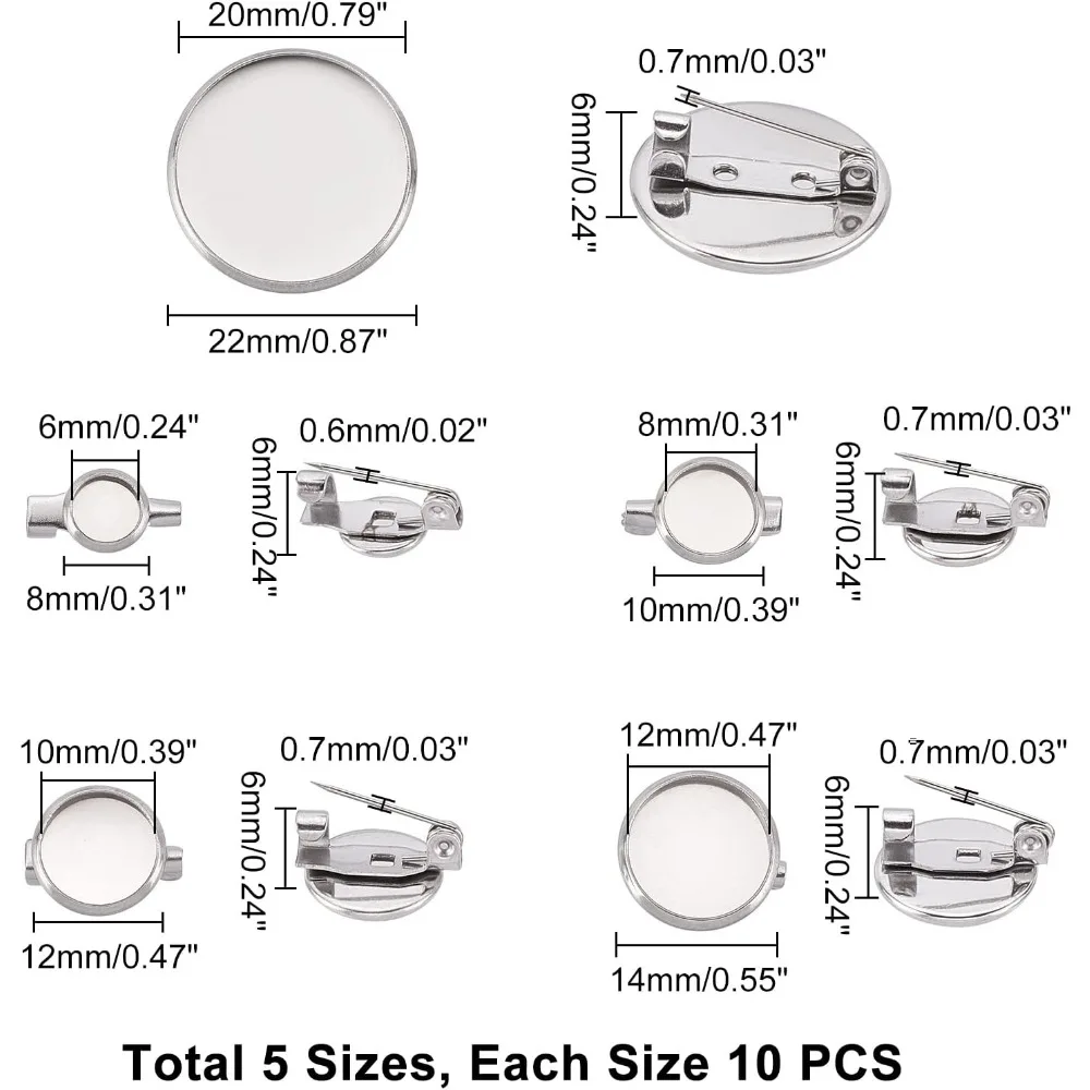 Circa 50 pezzi 5 dimensioni spilla rotonda piatta spilla in acciaio inossidabile vassoi per castone base vassoio per spilla vuota colore acciaio inossidabile