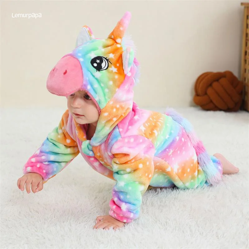 Unicorn Romper Baby Warm Jumpsuit Boy Girl Winter Outfit Halloween Rainbow Animal Suit  Funny Cute Onesie Festival Party Clothes