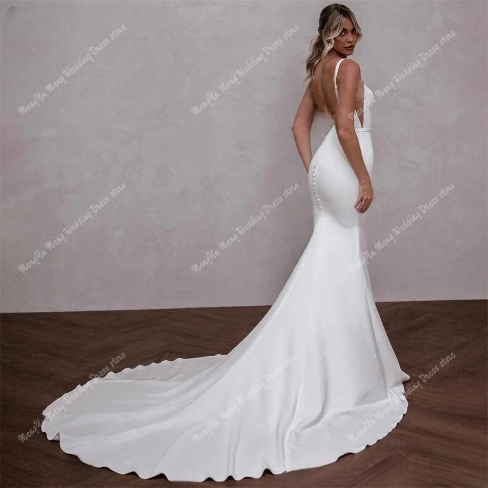 ZHUISHU 맞춤형 스판덱스 새틴 웨딩 드레스 스퀘어 칼라 민소매 백리스 신부 분리형 기차 Vestido de novia