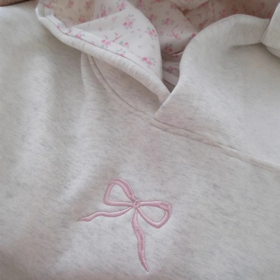 

Fall Women's Clothing Bow Print Hooded Sweatshirt For Woman Loose Lantern Sleeve Pullover Grey Mid Length Polyester Casual Top