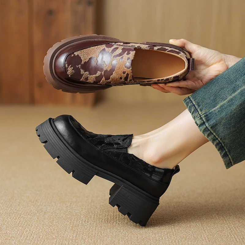 

Loafers Women Pony Hair Leopard Print Round Toe Platform Height Increasing Minimalist Casual Shoes