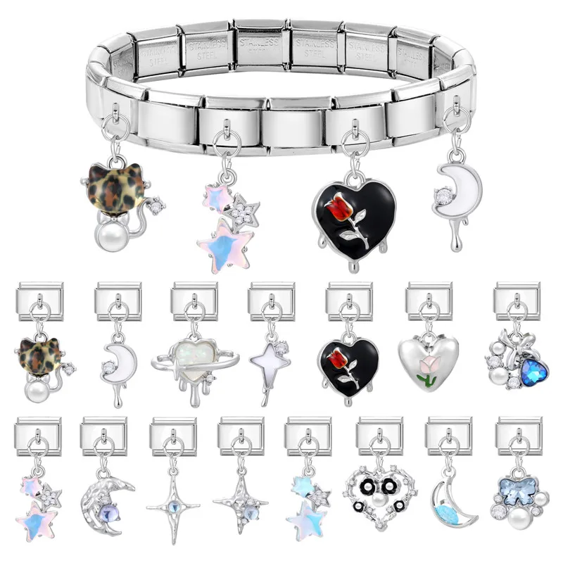 Vintage Rose Leopard Cats Star Moon Heart Pendant Italian Charm Link Fit 9mm Stainless Steel Bracelet Men Women DIY Making Gift
