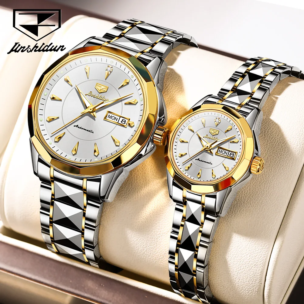 JSDUN Top Luxury Brand Tungsten Steel Lover Couple Watch Sapphire Fully Automatic Mechanical Watch for Male and Female Calendar