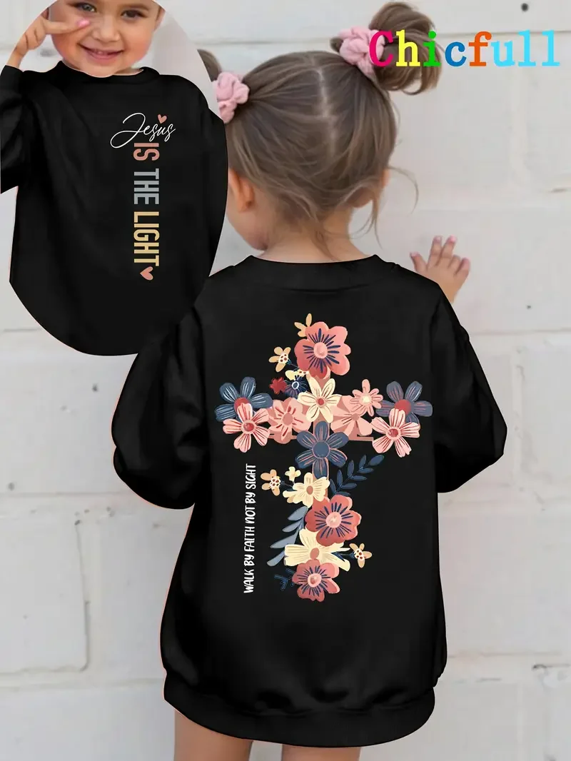 

Black Crew Neck Long-Sleeve Sweatshirt Christian Style Scripture "Jesus is the Light" (Ephesians 5:14) Print For Sunday & Casual