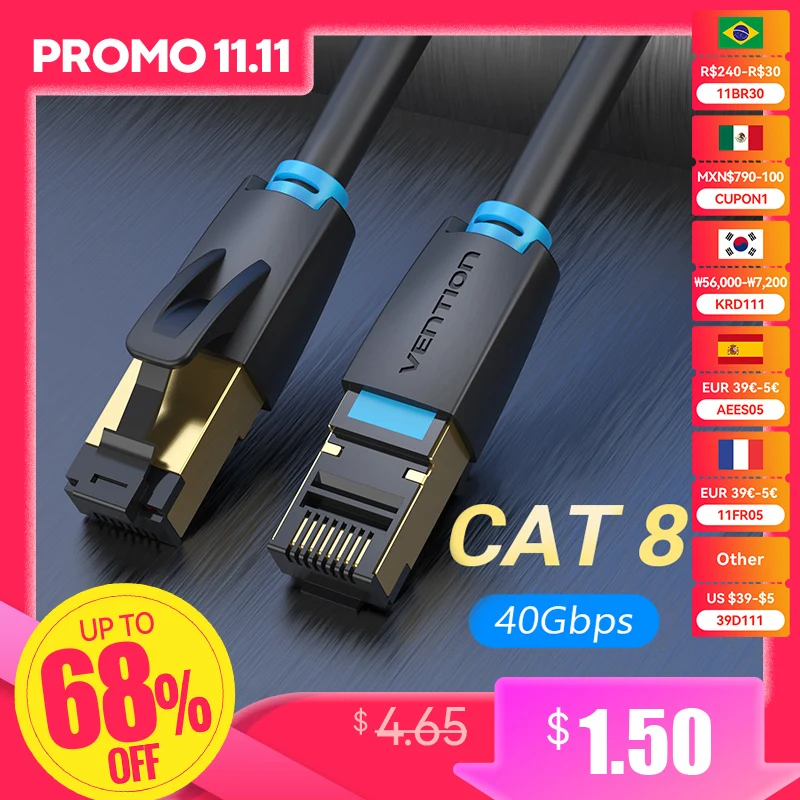 Vention Cat8 Ethernet Cable STTP 40Gbps 2000MHz Cat 8 RJ45 Network Lan Patch Cord for Router Modem Internet RJ 45 Ethernet Cable