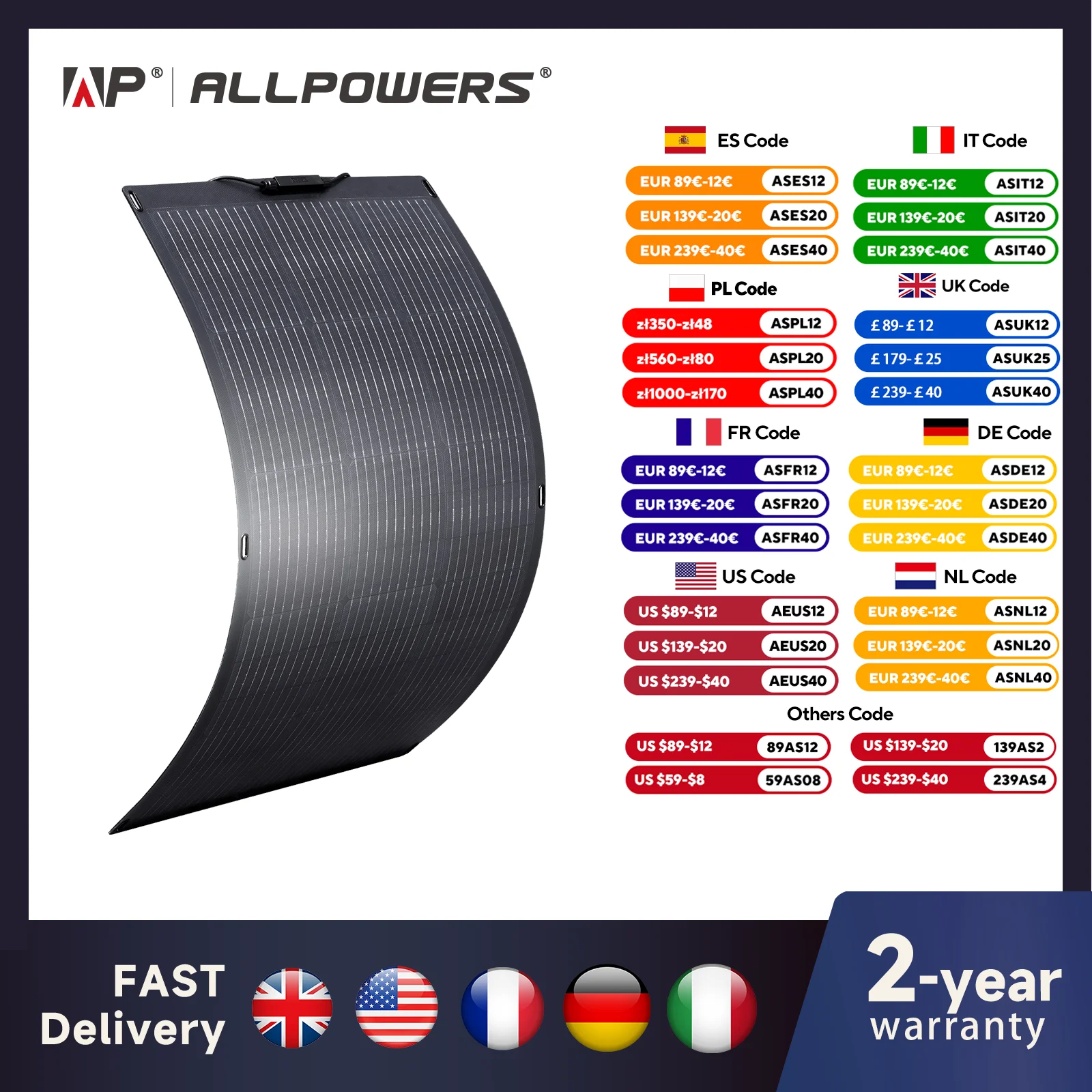 ALLPOWERS Flexible Solar Panel 100W Monocrystalline Solarpanel Solar Module Solar Cell Photovoltaic for Boat Roofs Garden RV