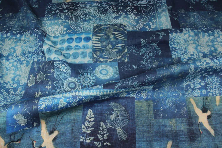 Fine Printed Fabric Chinese Style Blue Printed Series Dress Robe Fabric