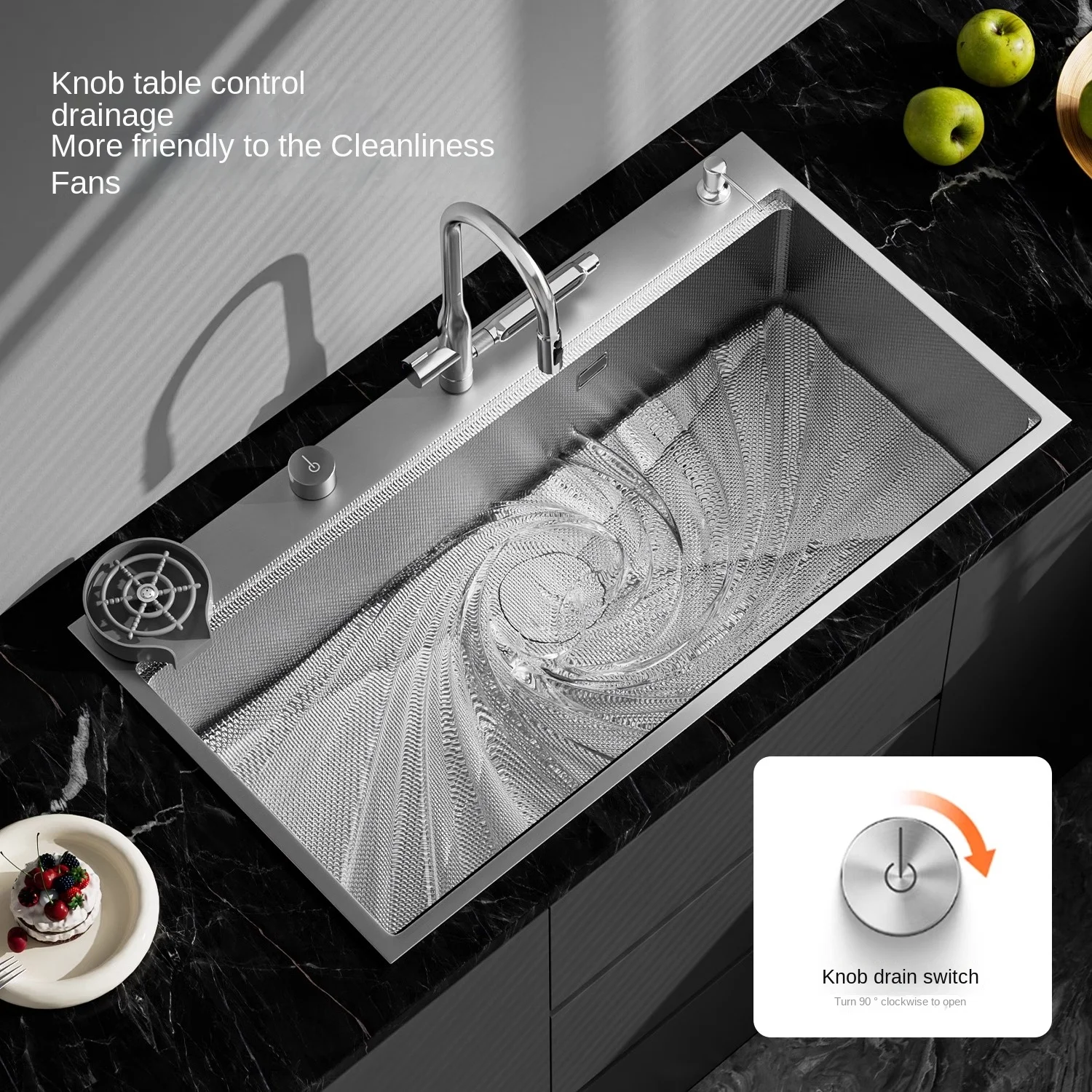 Digital Display Fly Rain Waterfall Large Single Sink 304 Stainless Steel Multifunctional Household Hand Embossed Washbasin