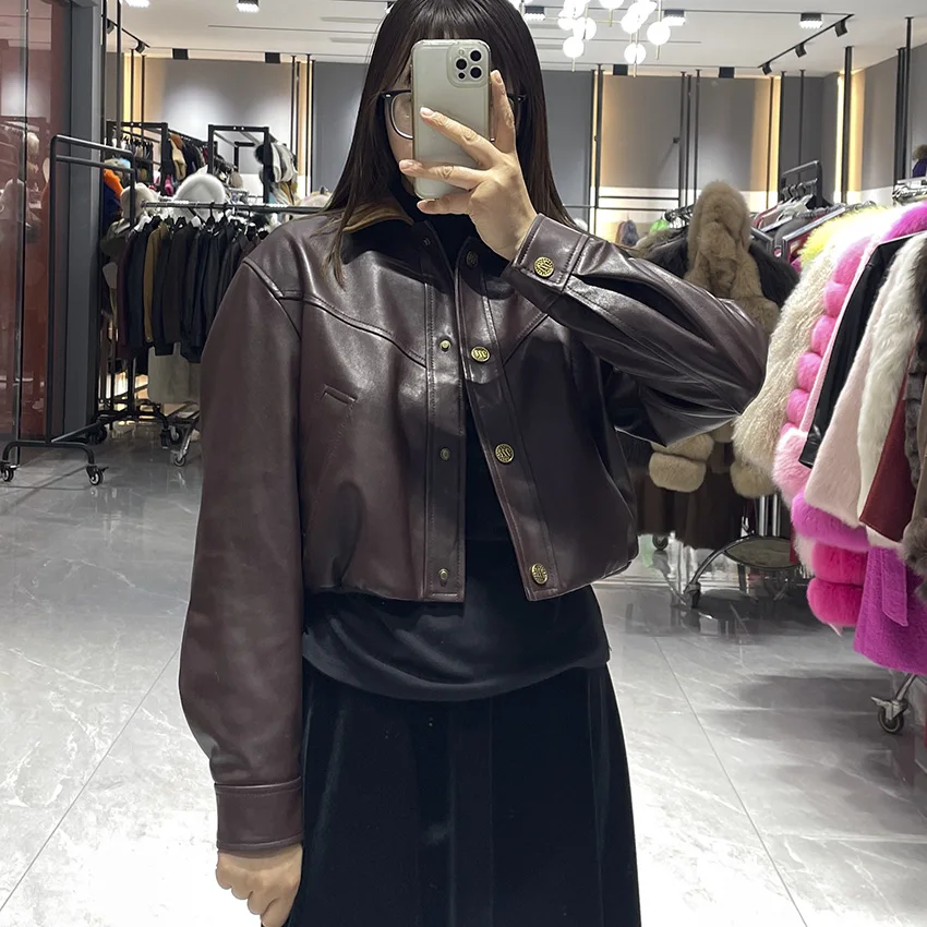 Giacca da donna corta in vera pelle marrone autunno e inverno Cappotto elegante ed elegante JFB6-25001