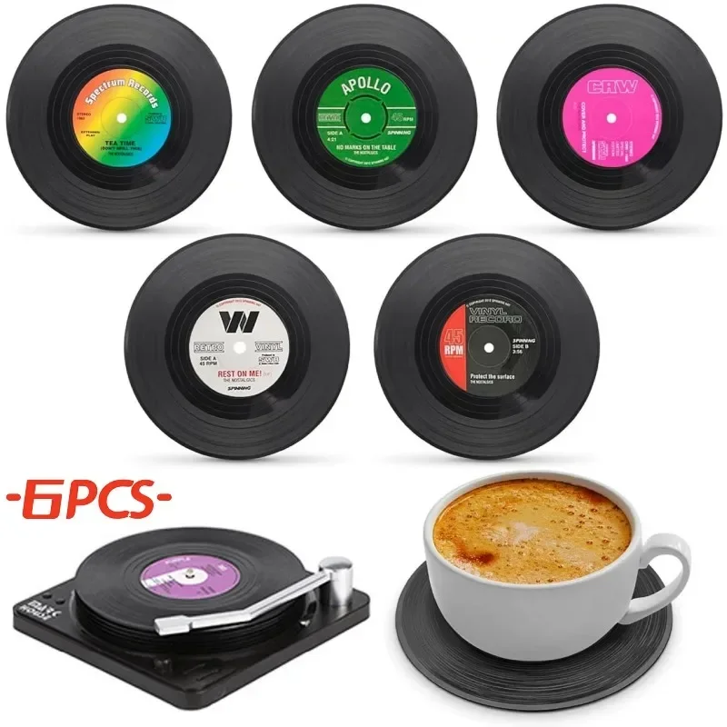 

Retro Vinyl Record Coasters with Holder Creative Coffee Table Coasters for Drinks Insulated Coffee Cup Pads Bar Decoration Gifts