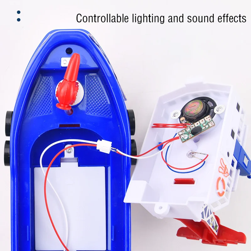 Barco aspersor elétrico para crianças, brinquedo de banho, modelo de resgate, barco de incêndio, quebra-cabeça LED, luz e música, 3-6 anos