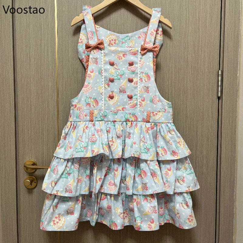 Japanese Sweet Lolita Style Princess Cake Dress Women Kawaii Cartoon Print Bow Hooded Dresses Korean Cute Y2k Party Mini Dress