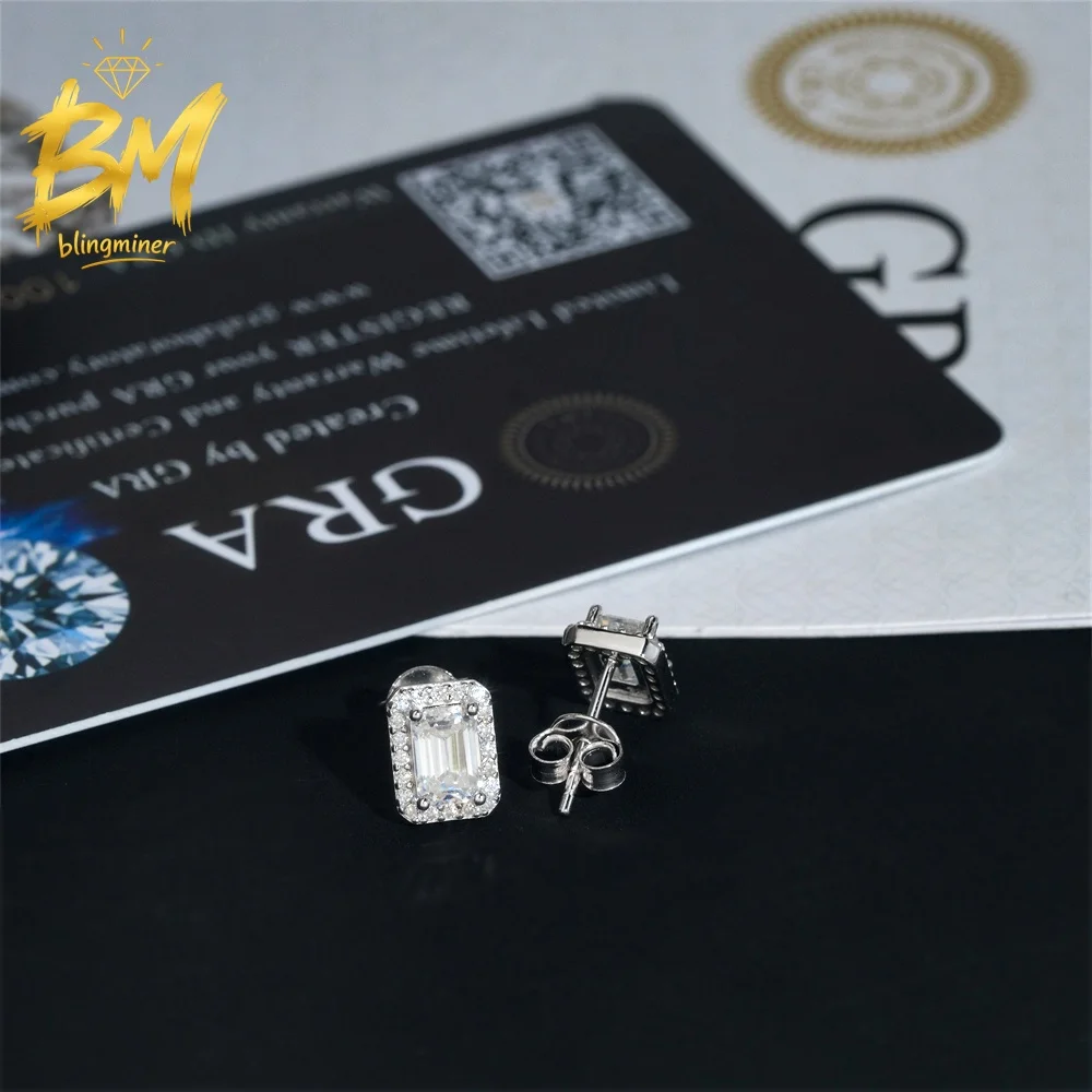 Blingminer Emerald Cut 4*6mm VVS Moissanite Earrings For Men Women S925 Silver Ear Studs Jewelry Pass Diamonds Tester Free Shipp