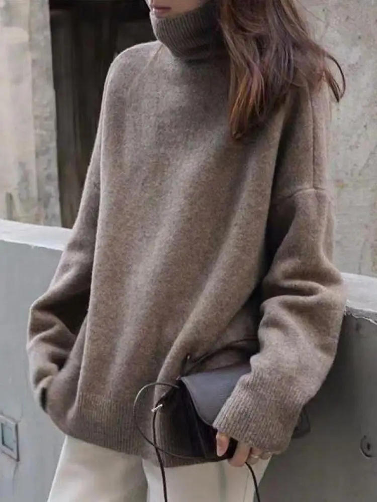

Autumn Winter Solid High Neck Long Sleeved Knitted Sweater Korean Fashion Women Festival Versatile Short Pullover Tops Simple