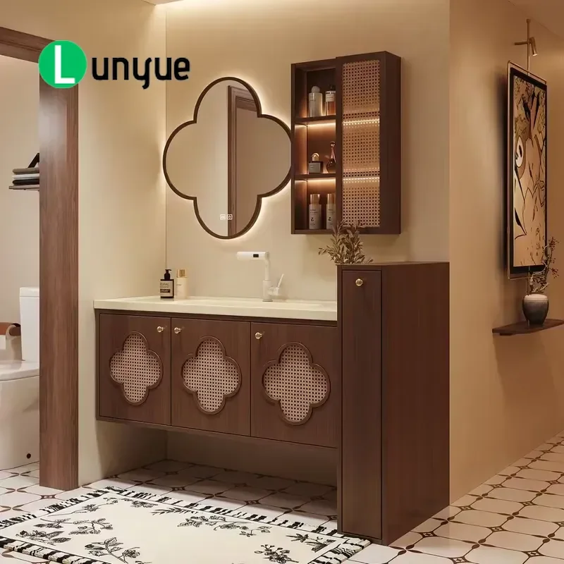 Custom Four Leaf Clover Oak Bathroom Cabinet with Ceramic Basin Smart Mirror Vanity Unit Modern Washbasin Storage for Home