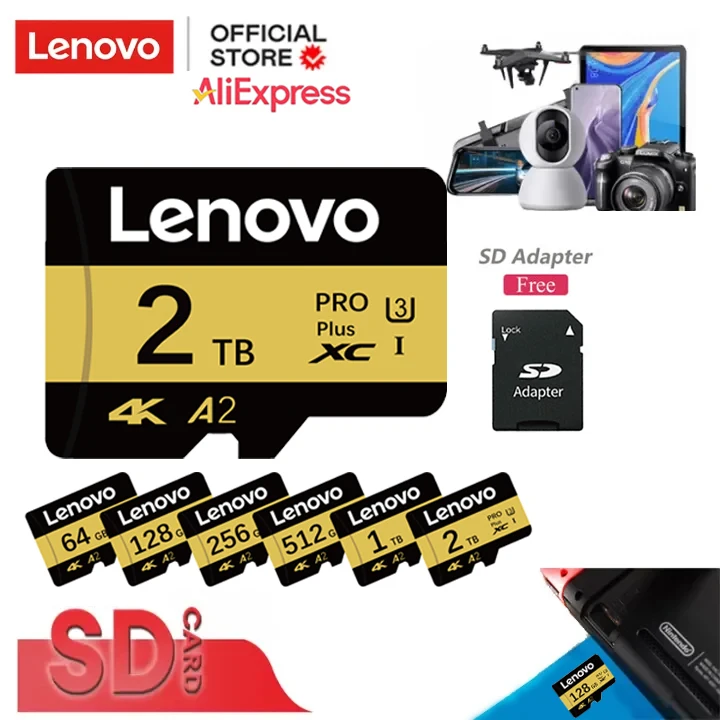 Оригинальная карта памяти Lenovo 2 ТБ 1 ТБ Micro TF SD карта памяти TF/SD 128 ГБ 256 ГБ 512 Гб SD карта памяти класс 10 для камеры/телефона новинка 2024