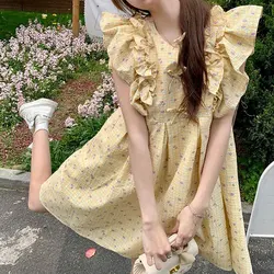 Fashion Ruffles Flying Sleeve Midi Dress Female Clothing Korean Broken Flowers Summer New Spliced Sweet Bow Loose A-Line Dresses