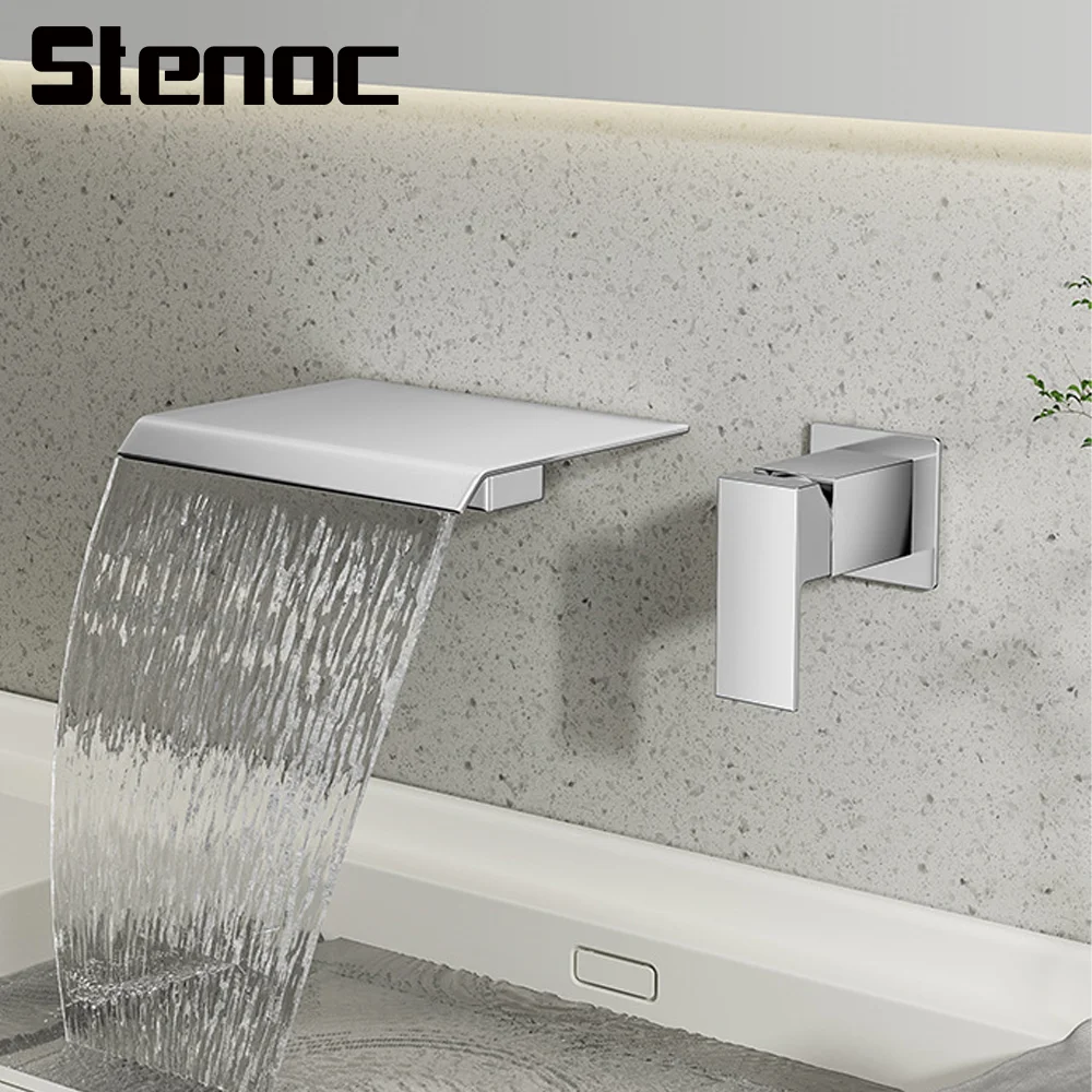 

Stenoc Brass Concealed Embedded Matte Black/Chrome Bathroom Faucet Wall Mounted Waterfall Basin Faucets Separate Single Handle