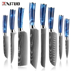 Stainless Steel Chef Knife Kitchen Knife Set 1-8Piece Razor-Sharp Paring Knife, Boning Knife, Santoku Knife, Blue Resin Handle