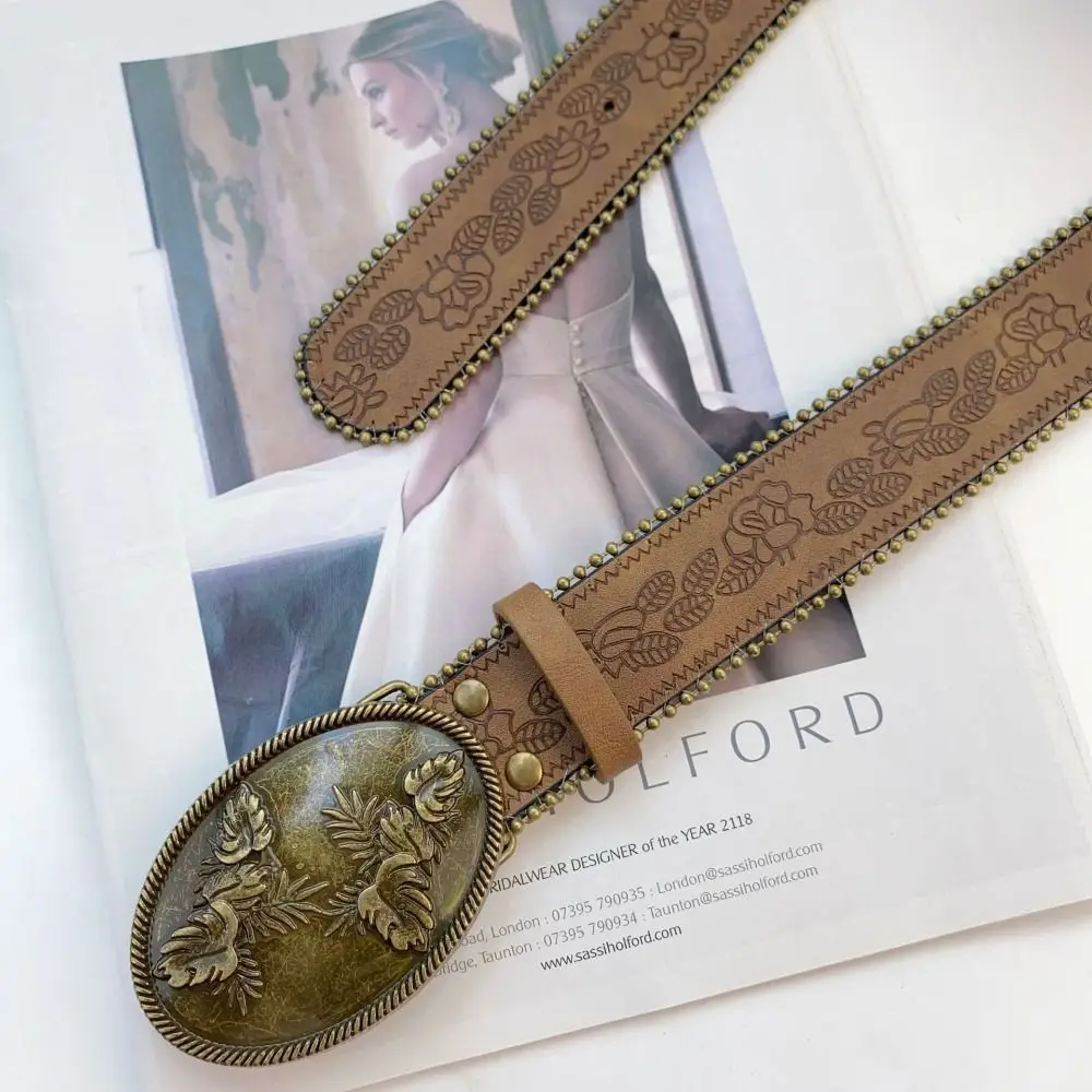 حزام نسائي أنيق قابل للتعديل من جلد البولي يوريثان حزام كاوبوي بني عتيق حزام غربي لفساتين سراويل الجينز