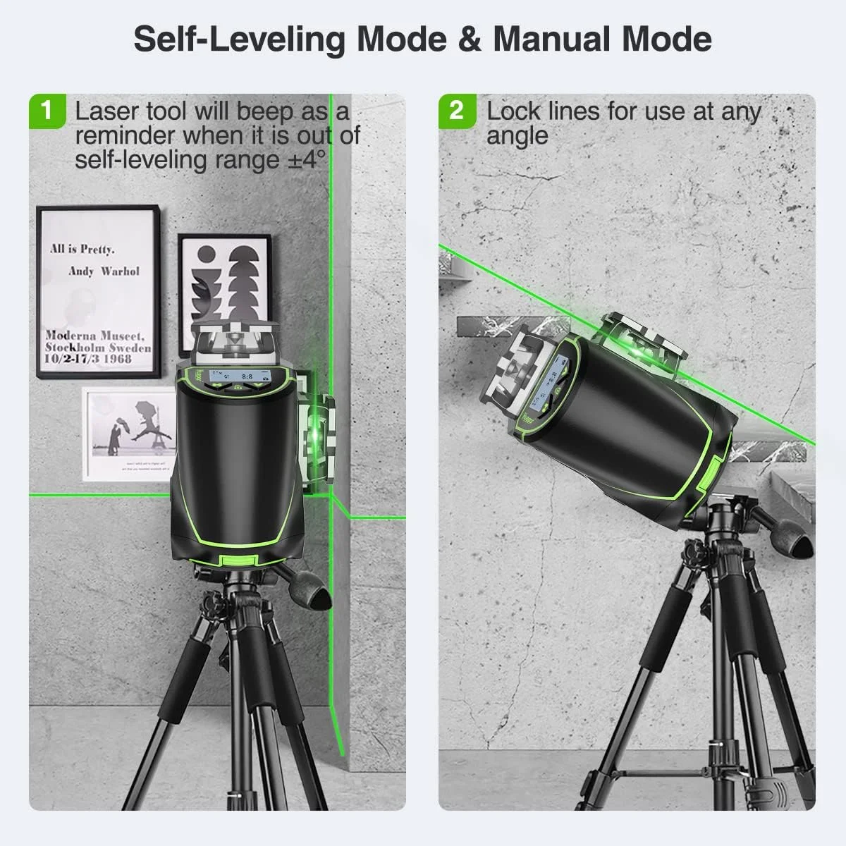 Huepar 12 Lines 3D Self Leveling Laser Level with LCD Screen 3x360° Bluetooth Connected Green Beam Cross Line & Remote Control