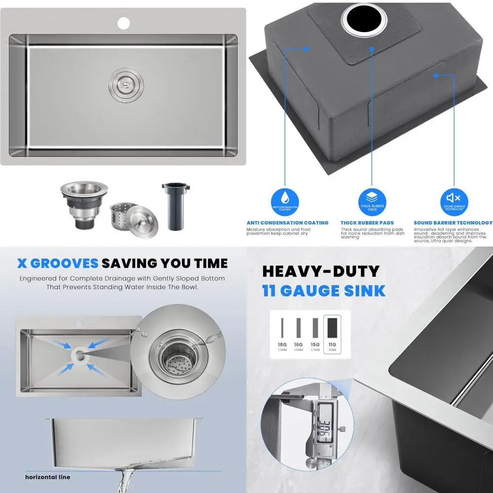 

Stainless Steel 28x20 Inch Single Bowl Kitchen Sink, 9 Inch Deep, Brushed Nickel, Drop-In Design, Top Mount Installation, SUS 30