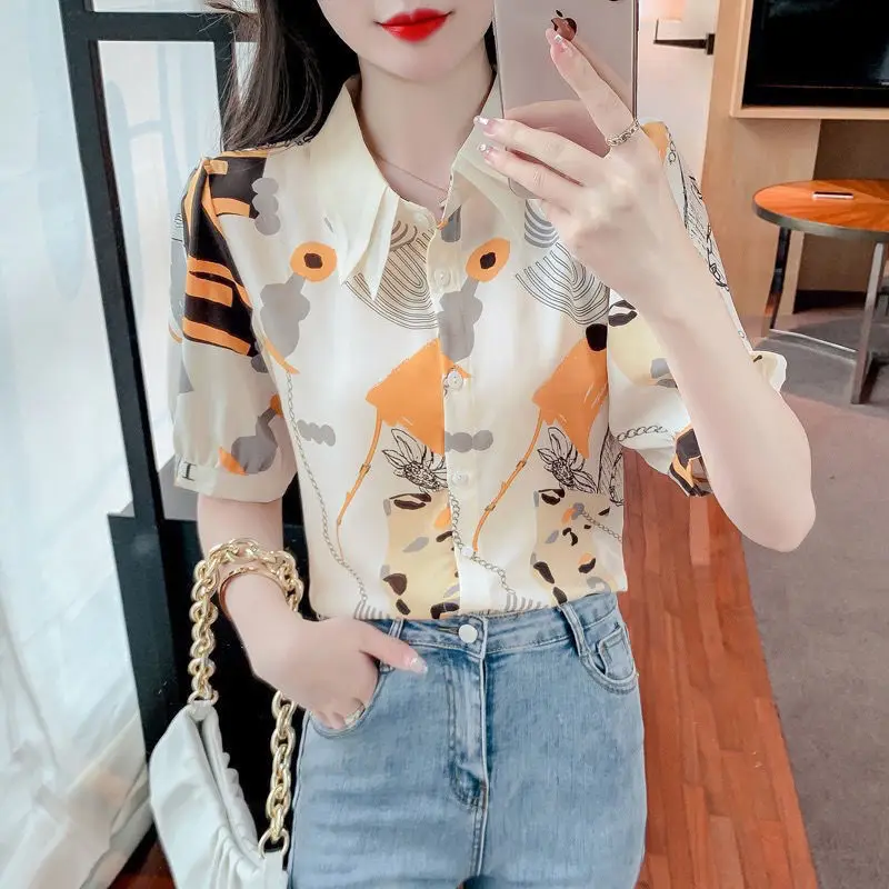 Printed Chiffon Shirt for Women in Summer Short Sleeved New Fashionable French Top