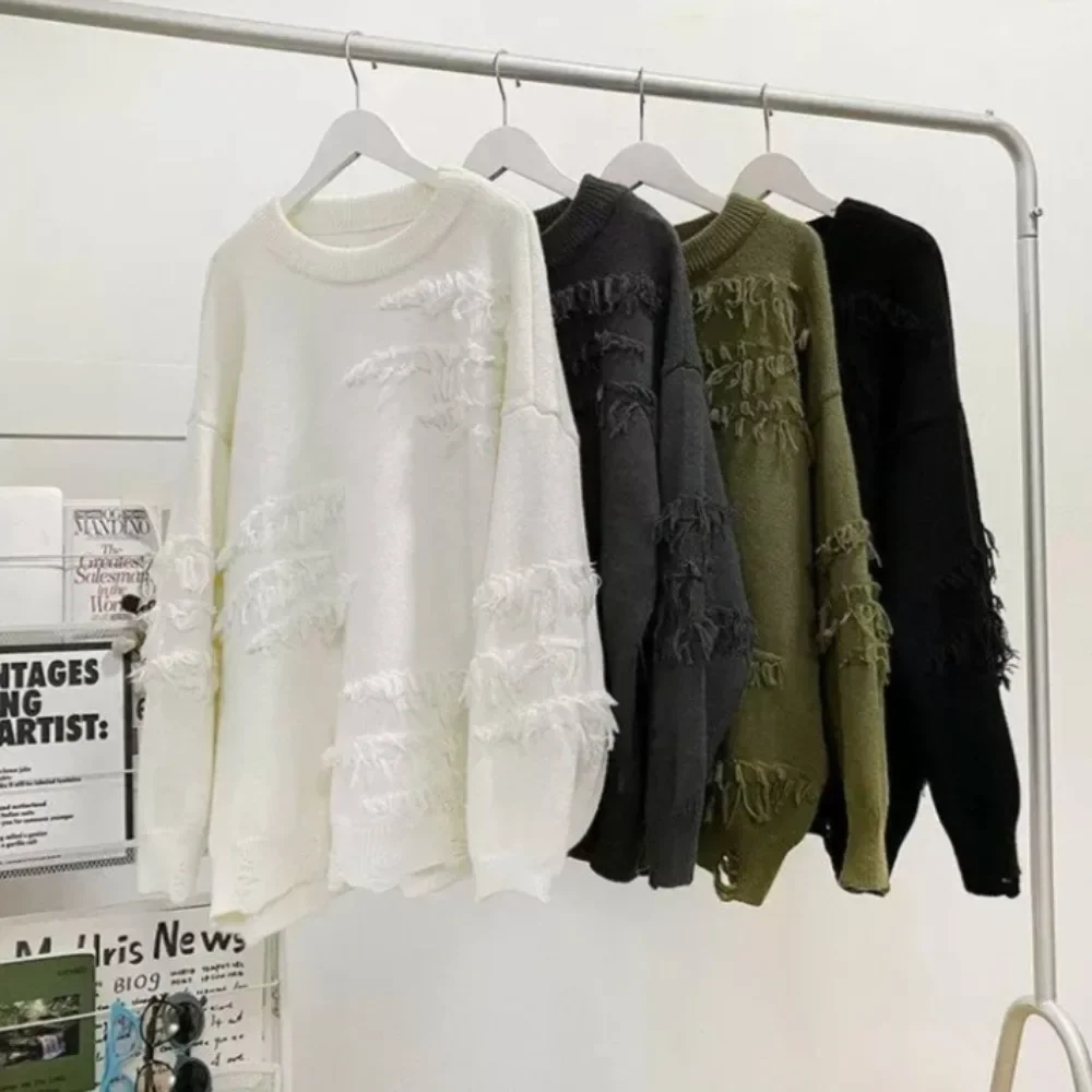 Men Flat Knitted Sweaters Long Sleeve O Neck Pullovers Print Jumpers Loose Fit Casual Sweater 2025 Winter Slight Strech Hole