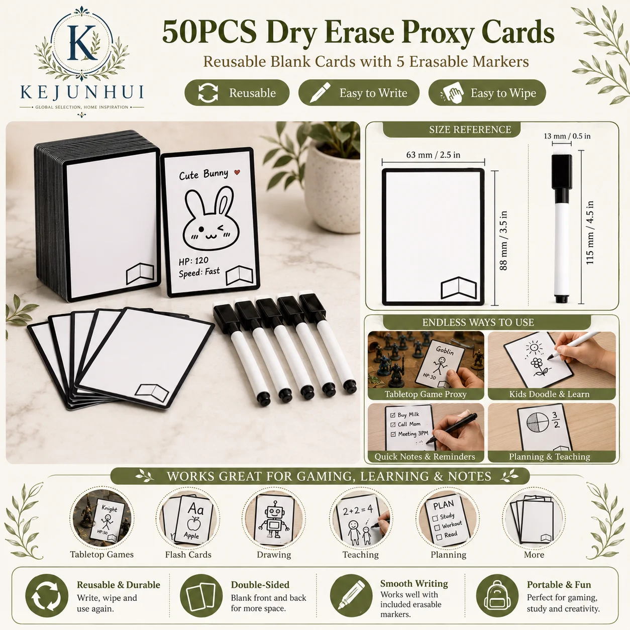 50 tarjetas reutilizables de borrado en seco compatibles con TCG, MTG y DND, tarjetas de fichas en blanco de doble cara con 5 marcadores, juego de cartas DIY Ac