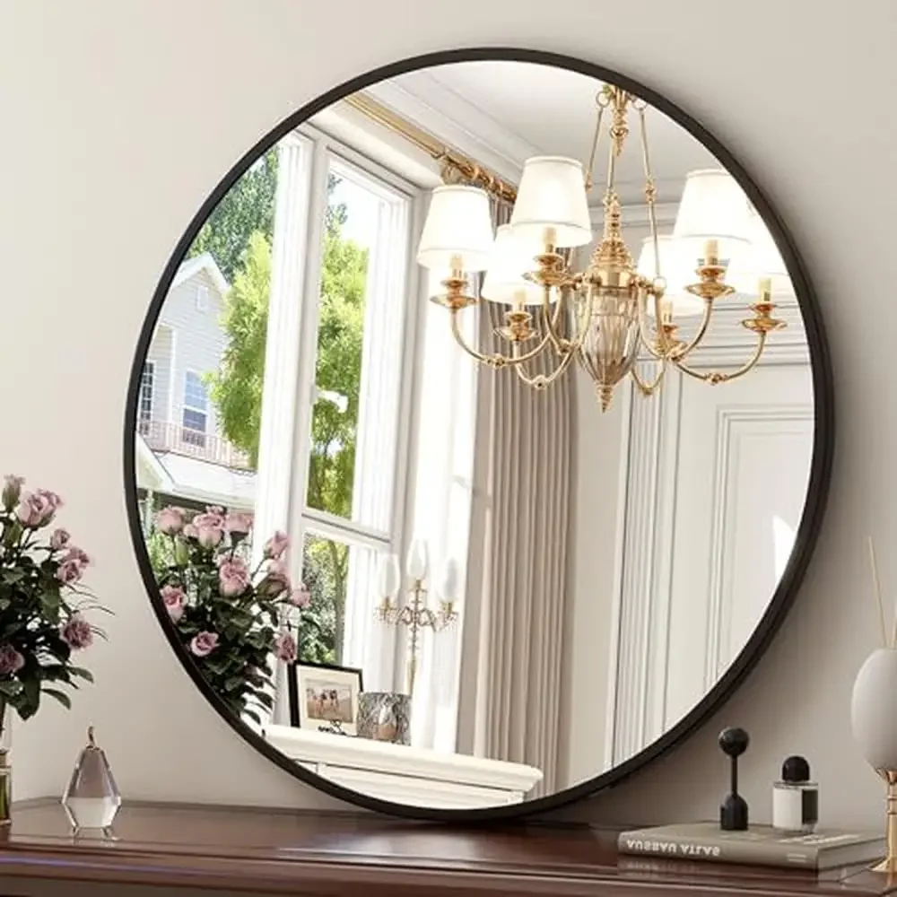 24 Inch Circular Black Finish Aluminum Alloy Round Wall Mirror Ideal Entryway Bathroom Vanity Living Room Reflective Circle