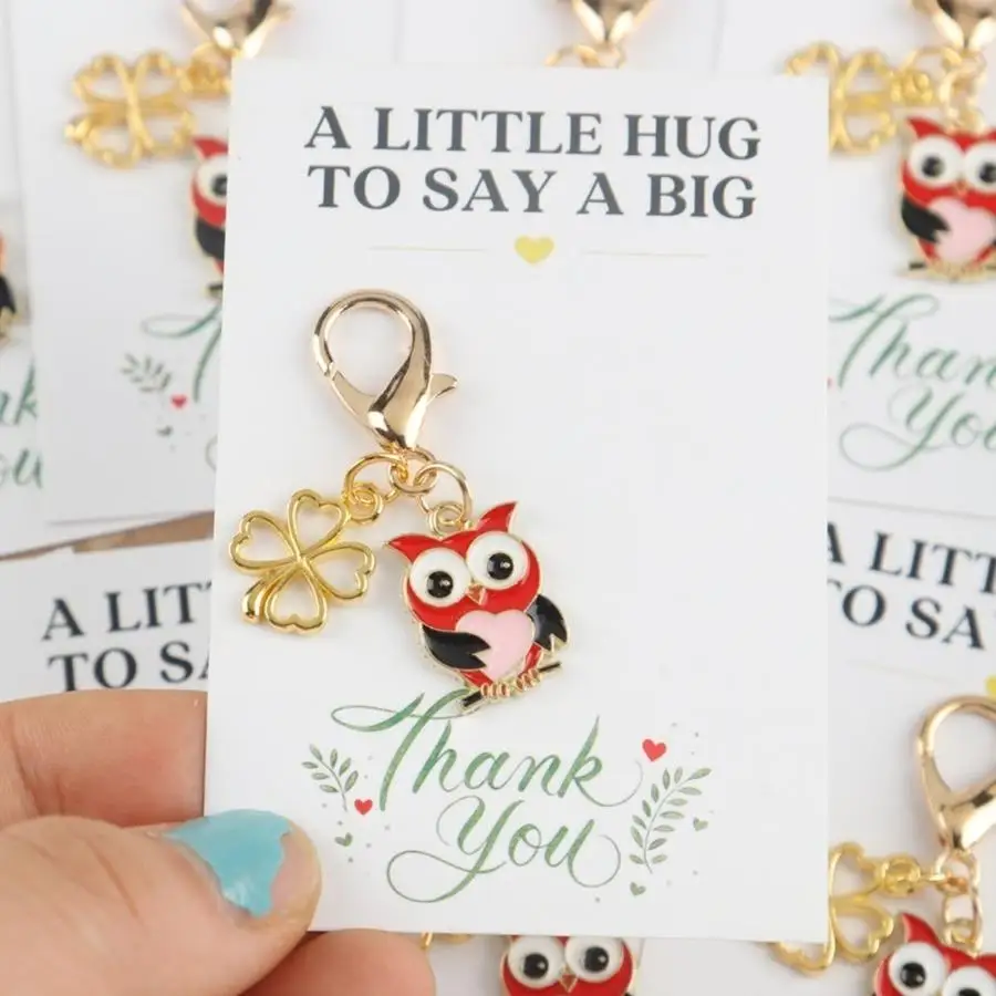 1/5/10/20/50/100pcs 2D Flat - s 2D Cute Animal Series Owl with Clover Keychain Set, Comes with a Thank-You Hug Card. Positive Su