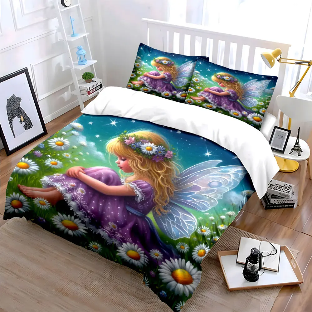 Fairy in Purple Dress in Meadow Pattern Duvet Cover Set Digital Print Colorful Polyester Bedding with Zipper Closur for gifts