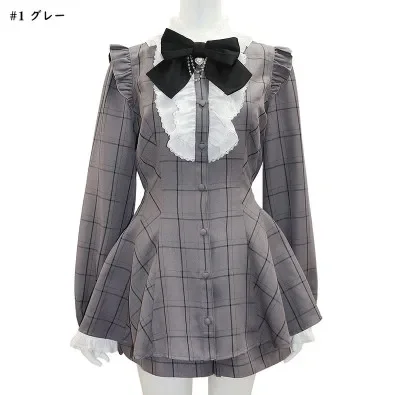SC Suit Women Japanese Mine Retro Plaid Love Heart Bow Tie Chain Mass-Produced Long Sleeve Dress Shorts Set Autumn New Culottes
