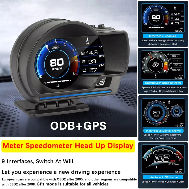 

Newest OBD2&GPS Car Head Up Display Smart Car HUD P6 Turbo Gauge Digital Odometer Security Alarm
