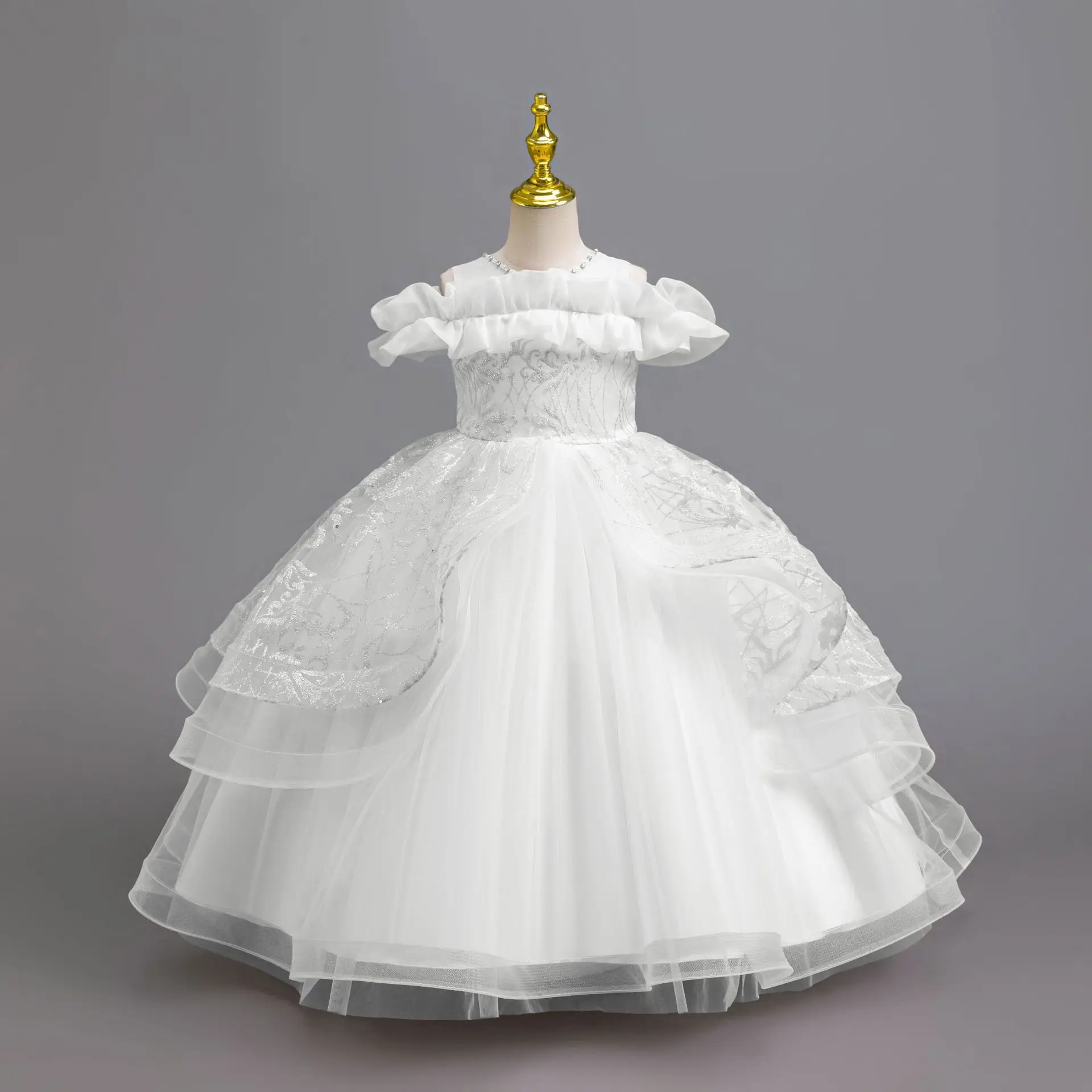 birthday party dresses Baby Girl Formal Princess Dresses Girl Puff Sleeve Floral Puffy Birthday Party Dress Toddler Prom Dress, White / 11-12 Years (160cm) main image 1