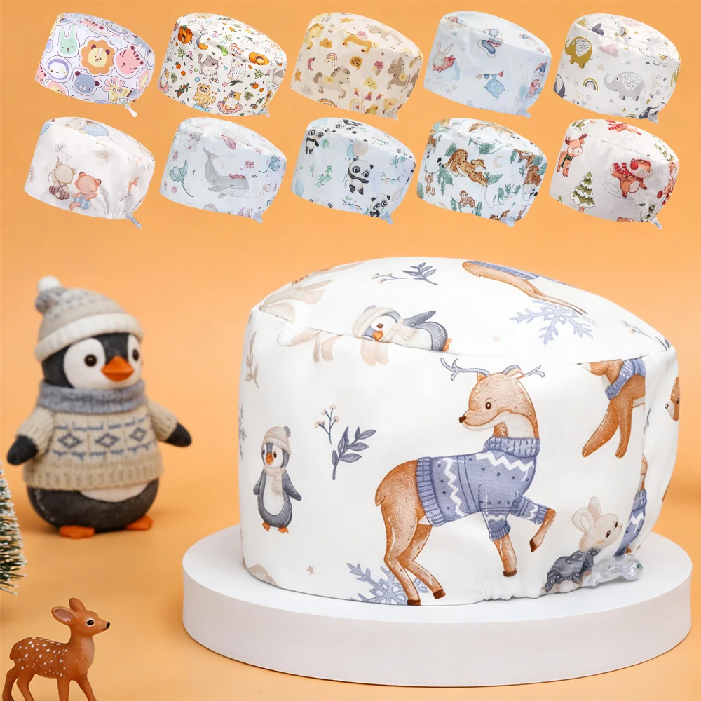 Cartoon Pattern Scrub Working Hats Short Hairs Medical Cap for Men Adjustable Nurse Accessories for Work K1250