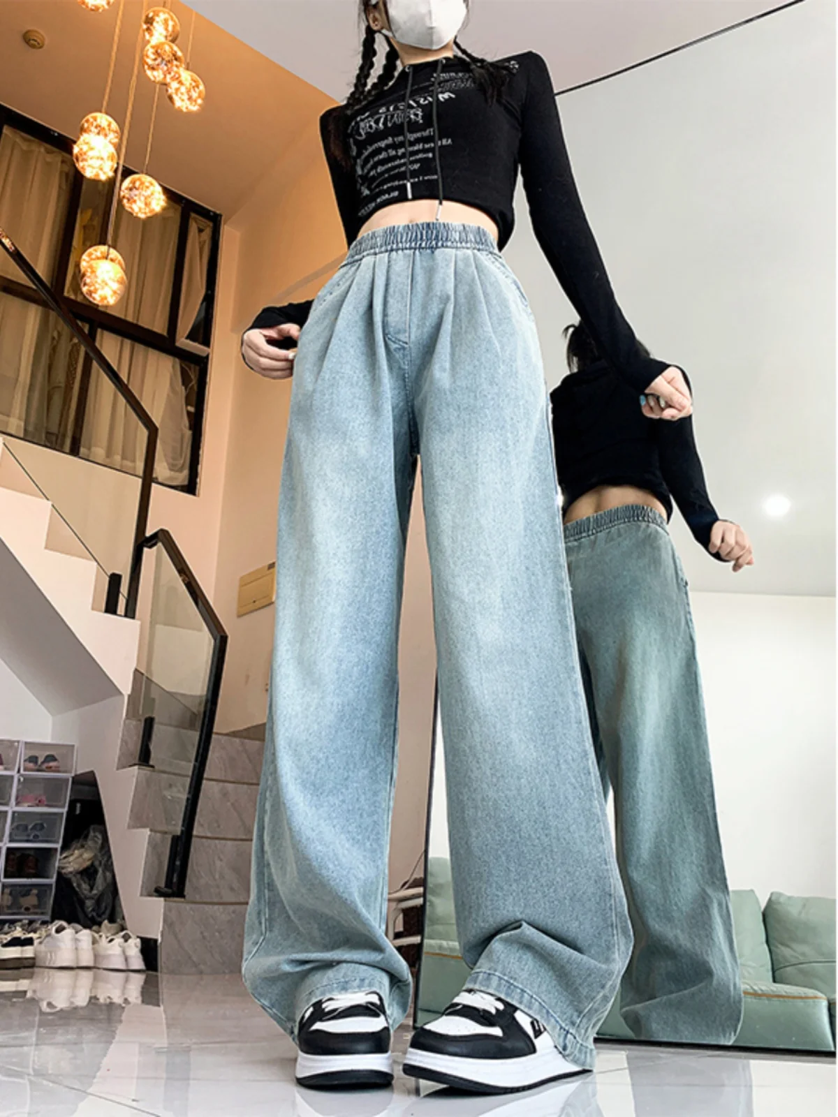 Dżinsy damskie z wysokim stanem, elastyczne, letnie, cienkie, luźne, wyszczuplające, z szerokimi nogawkami, wygodne, niebieskie dżinsy z wysokim stanem.