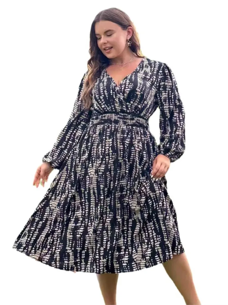 Plus Size Autumn V-Neck Ruffle Dress Women Loose Pleated Fashion Floral Print Ladies Dresses Long Sleeve Casual Woman Dress