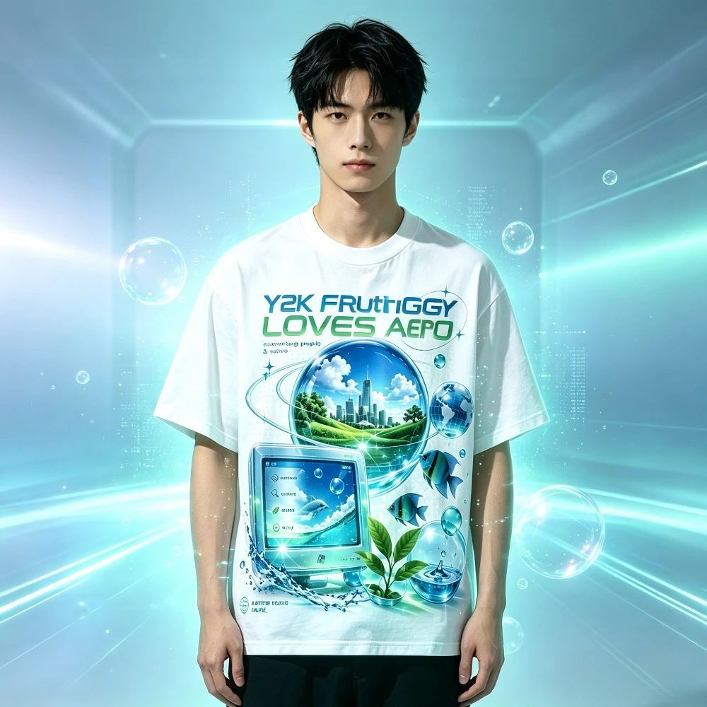 Ocean Data City Frutiger Aero Y2K Tee Men's Women's Underwater Fish Retro PC Oversized Streetwear T-shirt