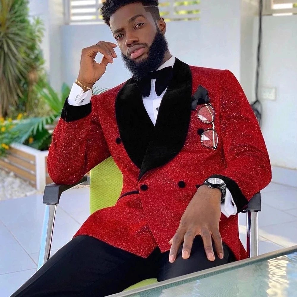 Glitter Red Sequins Mens Suits Groom Wedding Tuxedo Double Breasted Blazer Formal Business Prom Dress 2 Pieces Traje De Hombre