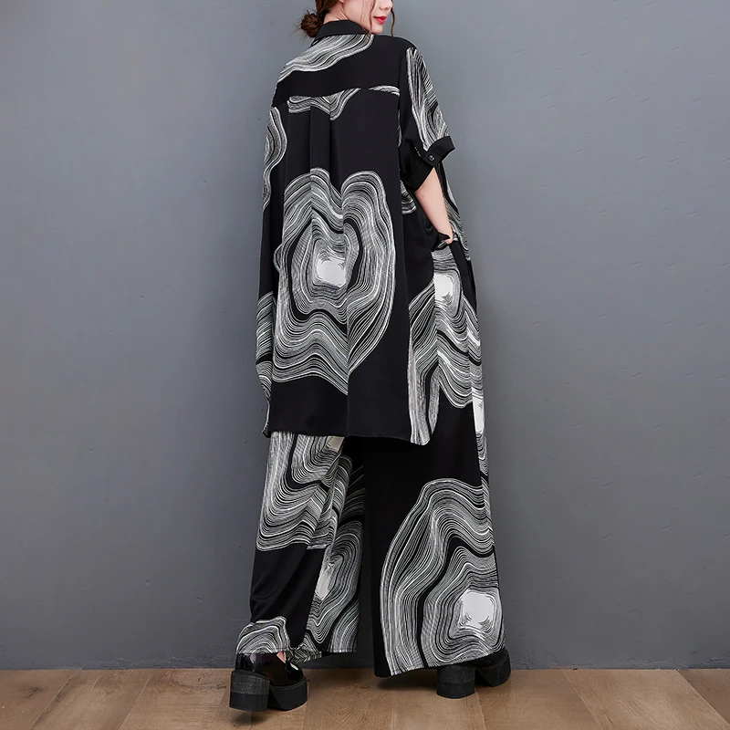 Fashion Wide-Leg Pants Suit Women Retro Print Oversize Long Dress + Pants 2PCS Mother Silky Silkworm Dress Sets 5XL