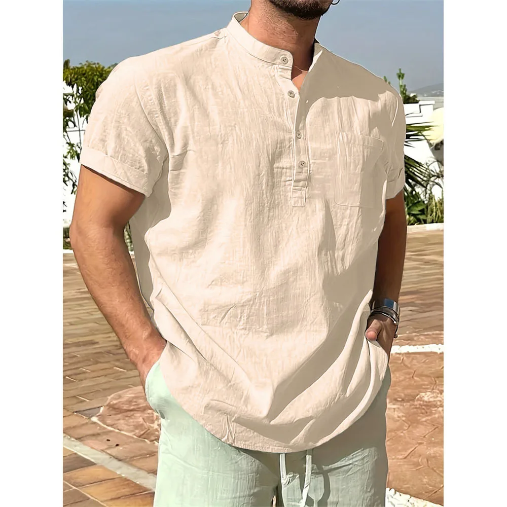 Sommer Heißer Verkauf männer T-shirt Baumwolle Leinen Henley Neck Casual Atmungsaktive Leichte Einfarbig Tasche Taste Tops – Detail 4