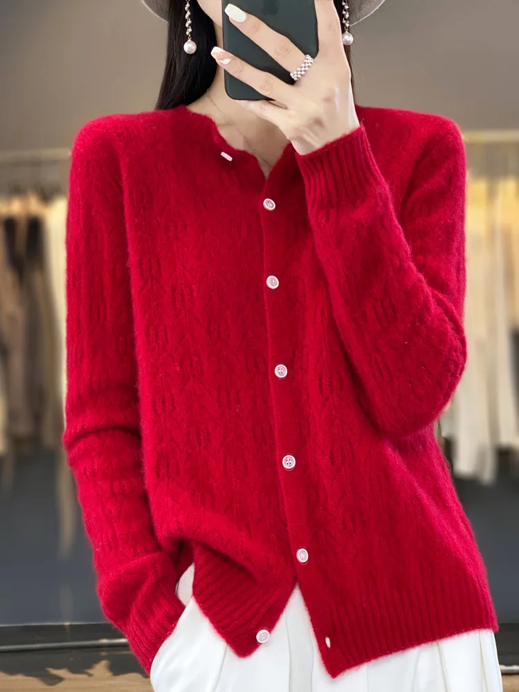 Autumn Winter 100% Merino Wool Women’s Cardigan Hollow O-neck Cashmere Knitted Sweater Female Clothing Basic Korean Fashion Tops