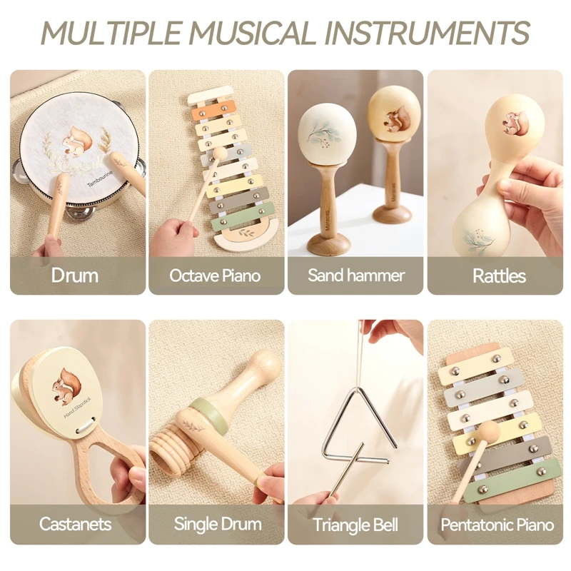 Instrumentos musicales, juguetes de madera Montessori, xilófono, sonajero, tambor, juguetes educativos de iluminación musical para bebés, regalos de Navidad para niños